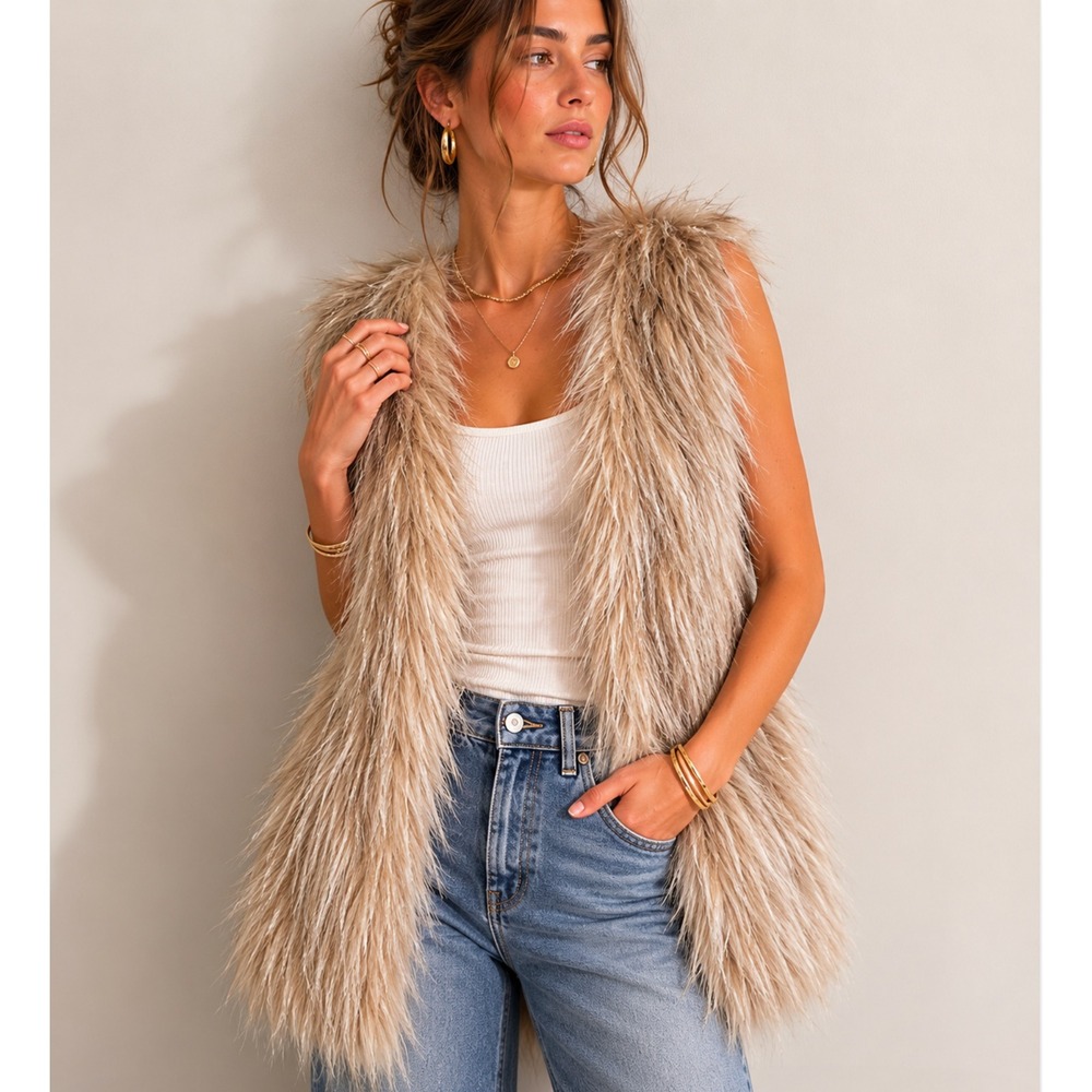 Sebby Collection Faux Fur Sweater Knit Vest XL Natural Taupe Shaggy Open Front